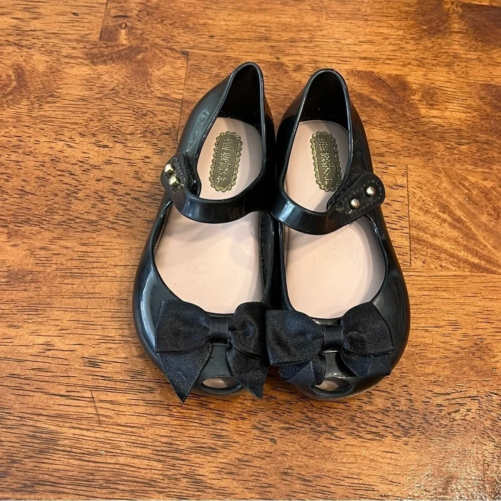 Mini Melissa girls black bow mary Jane flats size 7